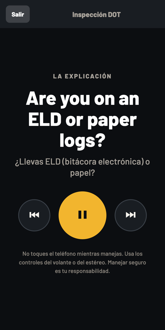 ENINTRA driving mode: the officer's question on screen, playback controls, no buttons needed at speed