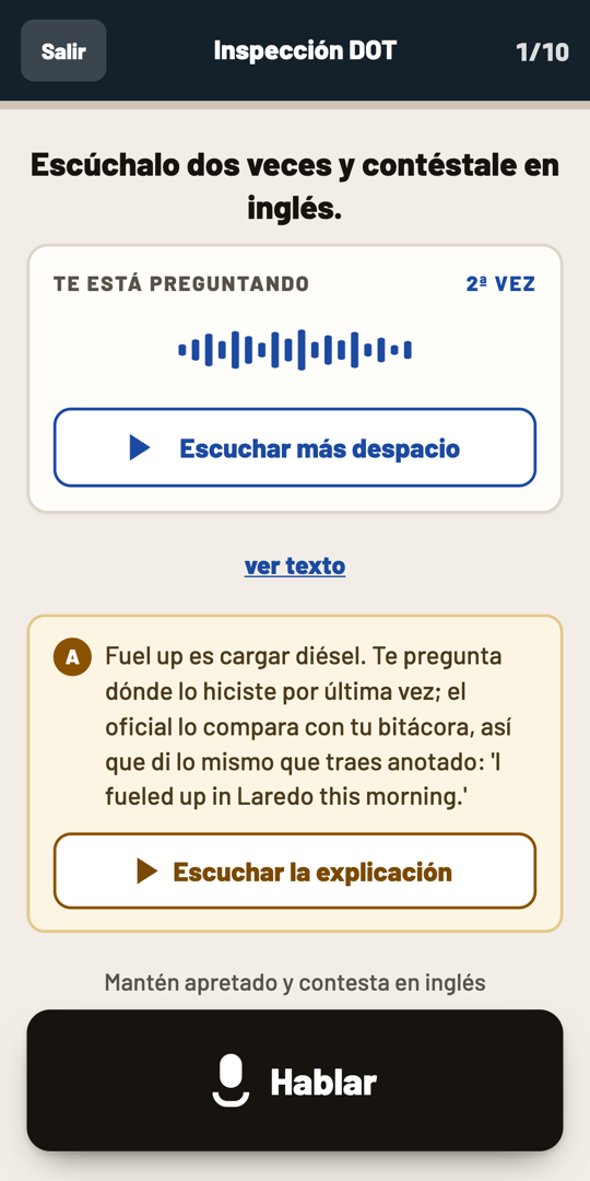 ENINTRA practice: listen to the question, hold to speak, feedback in Spanish